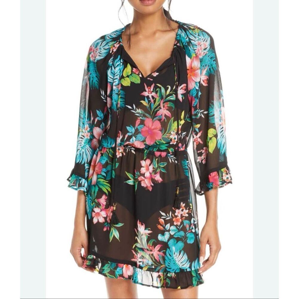 Tommy Bahama sheer swimsuit cover up with ruffle detail three-quarter sleeve wit